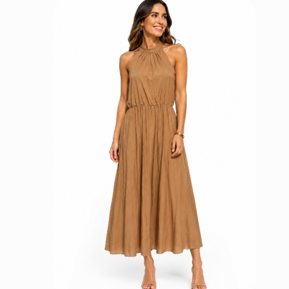 Women’s Halter Maxi Dress in Camel Brown Sz XL Sleveless